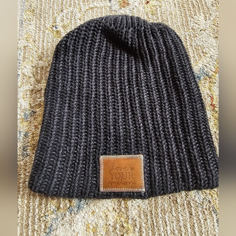 Love Your Melon Beanie With Brown Leather Patch. Like New! Black & Grey